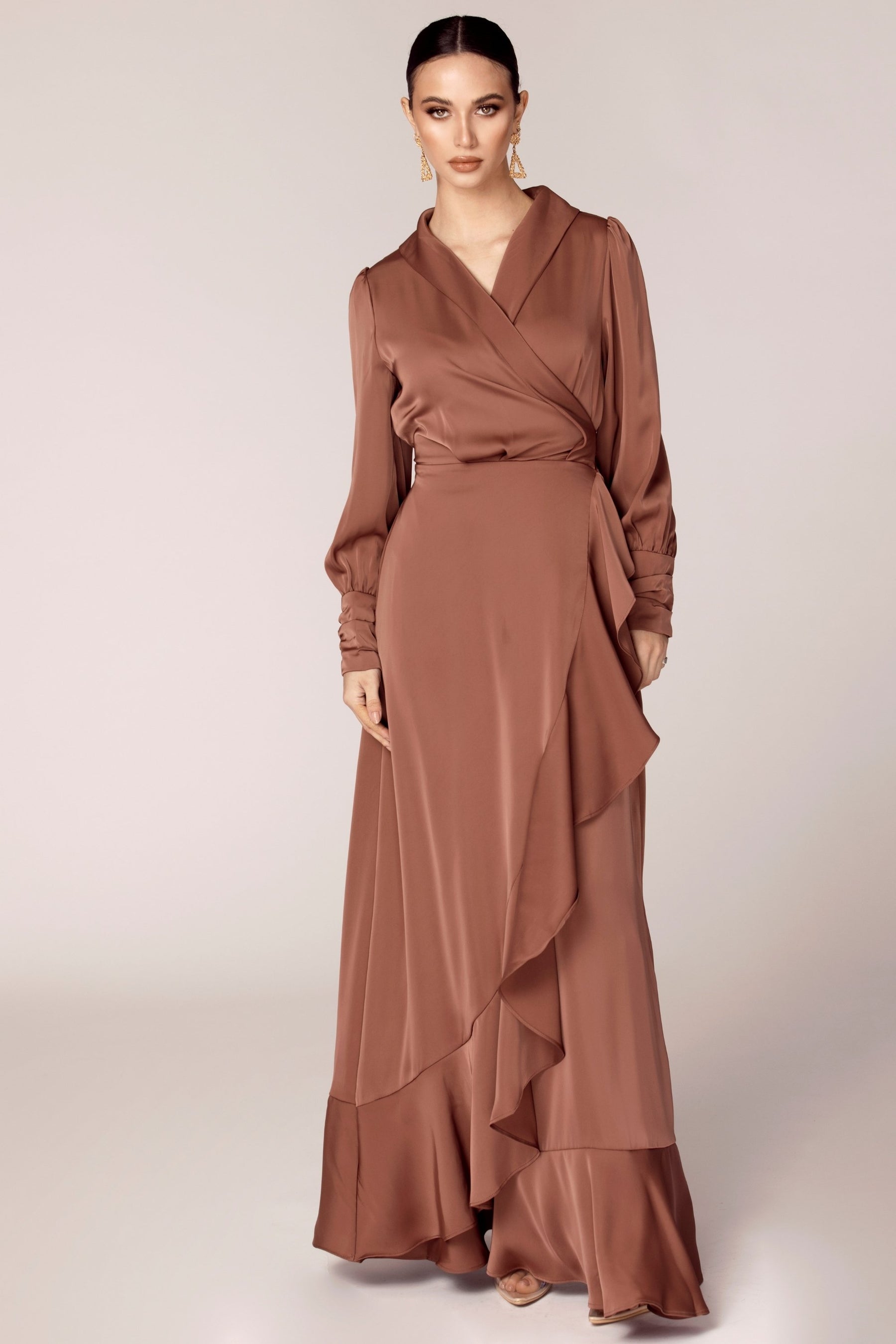 Shereen Wrap Front Satin Maxi Dress - Pecan